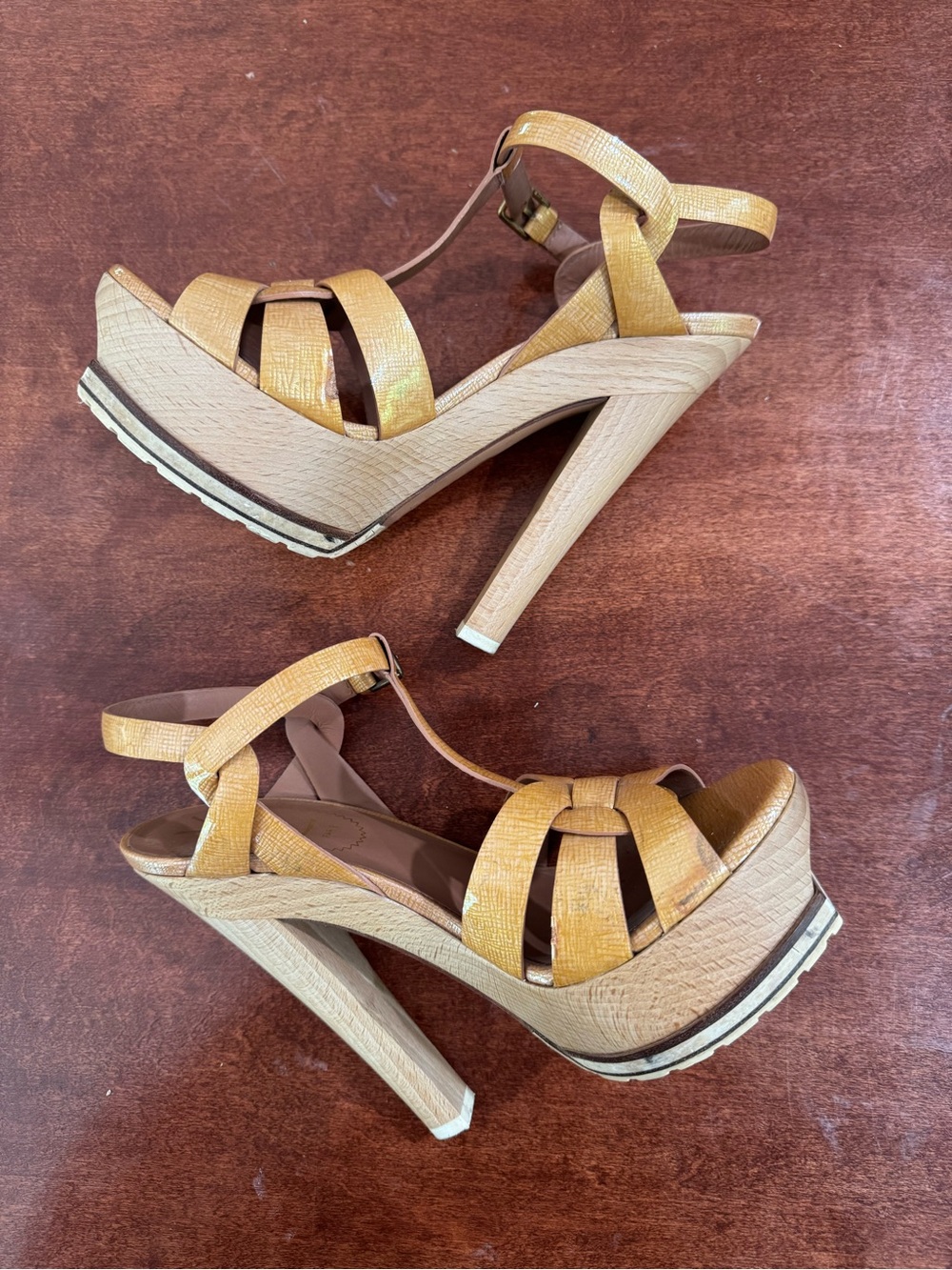 Yves Saint Laurent Tribute Metallic Nude Strappy Platform Sandals